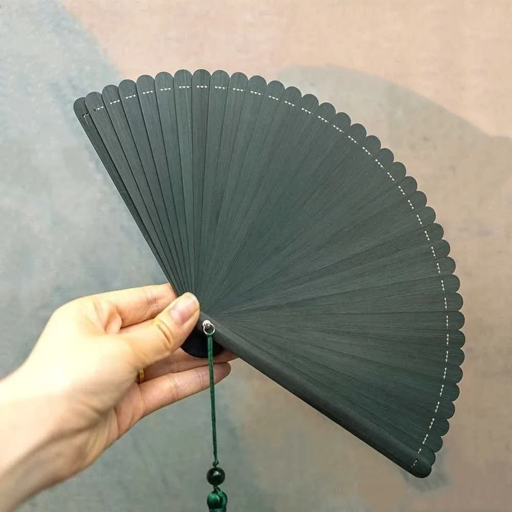 Decorative Retro Bamboo Folding Fan Portable with Tassel Chinese Style Fan Classical Minimalist Hand Cranked Fan Party