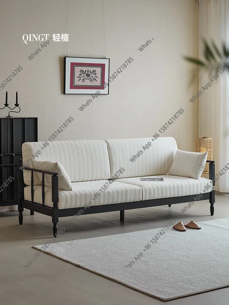 Solid wood fabric sofa retro medieval style living room three-person straight row cotton and linen sofa removable and washable
