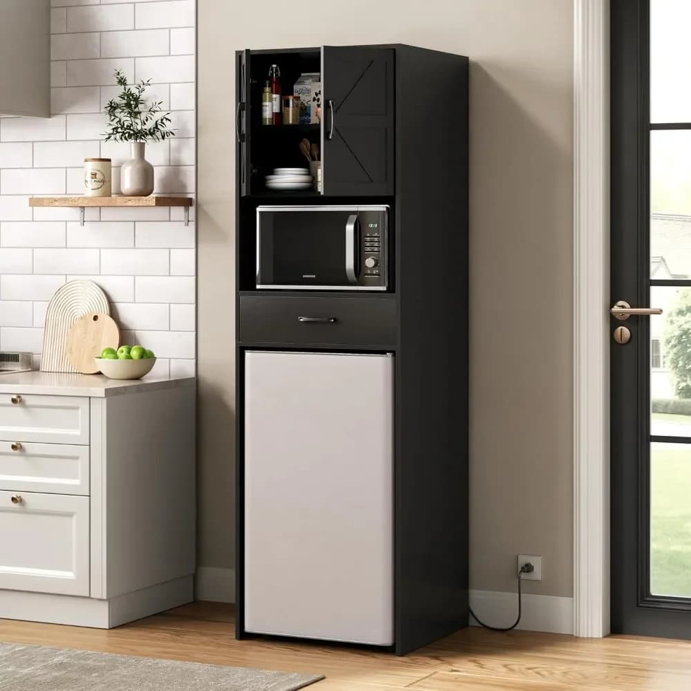 Mini Fridge Stand with Storage and Power Outlet, Coffee Bar Cabinet with Microwave Shelf, Fits Most Mini Fridges and Wine Cool