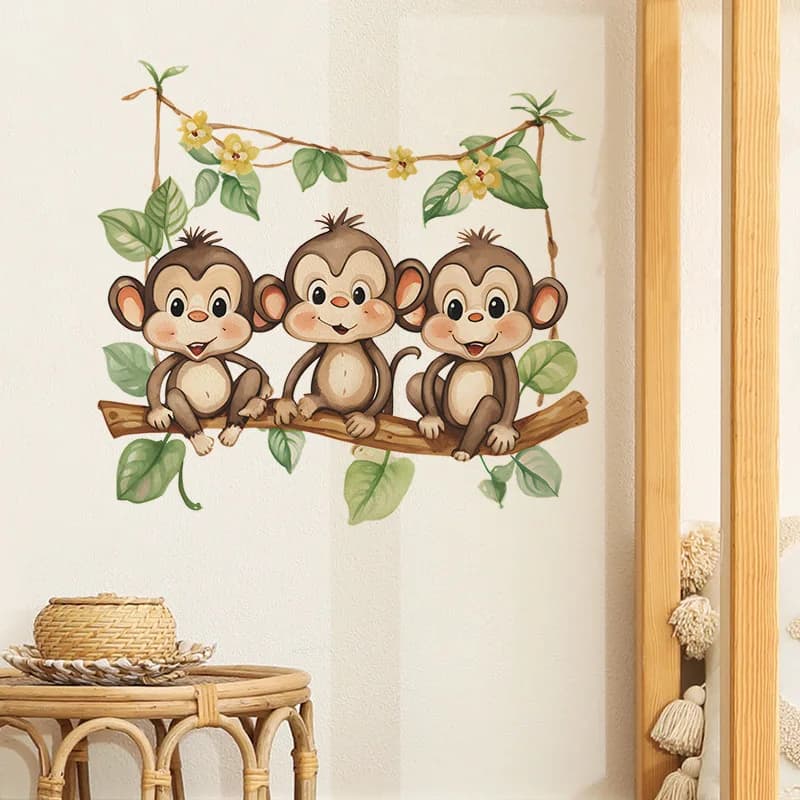 Cartoon Monkey Green Leaf Swing Wall Sticker Kids Room Bedroom Background Decoration Mural Home Decor Self Adhesive Cute Decals
