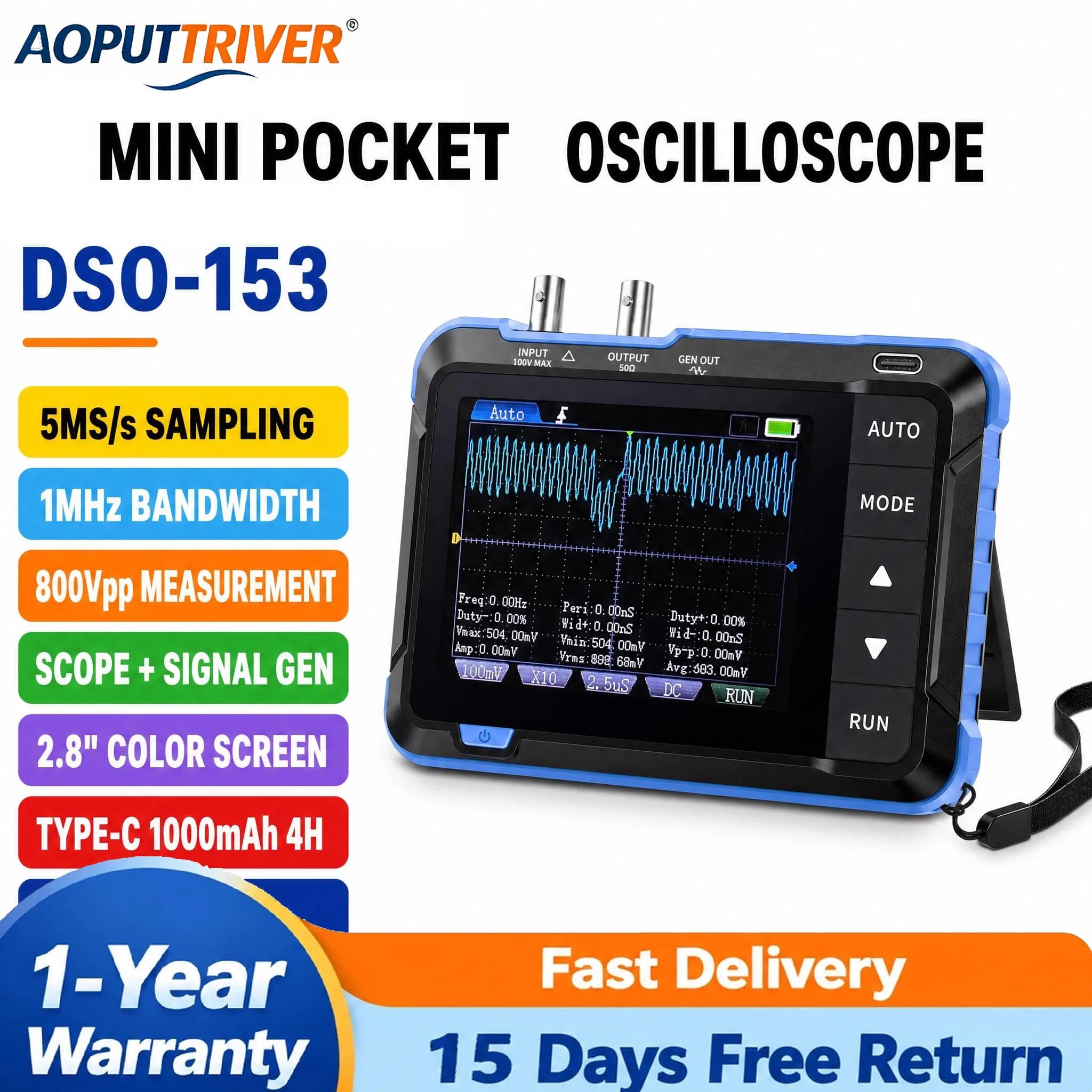 FNIRSI DSO153 Handheld Digital Oscilloscope 5MS/s 1MHz Bandwidth 2-in-1 Portable Automotive Tester DIY Electronics Repair Tool
