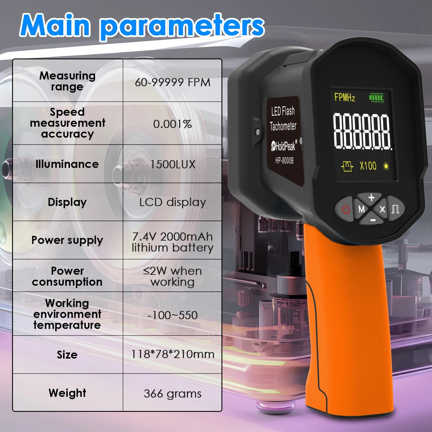 BT-8000B ED Handheld Stroboscope, 60-100000RPM Non-Contact Digital Stroboscope with 16 LED Adjustable Lamp Beads,LCD Display