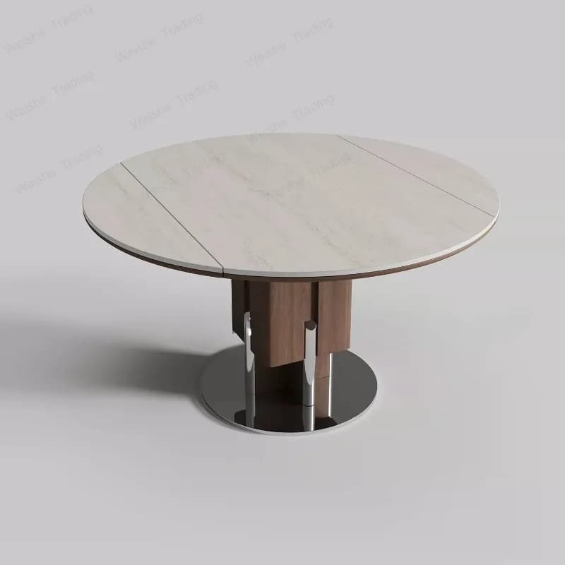 Travertine rock slab solid wood retractable dining table household variable round table foldable dining table