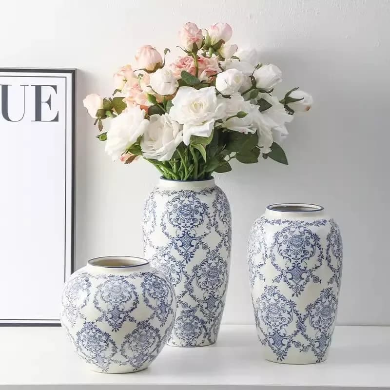 Blue and White Retro Ceramic Vase Decoration, Living Room Flower Arrangement, Ceramic Jar, Light Luxury Decoration