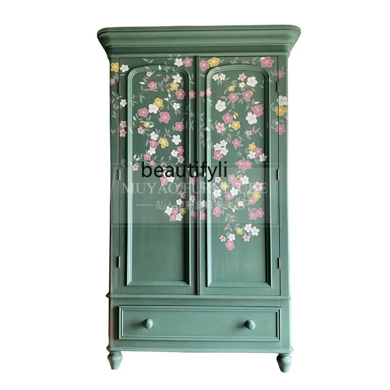 French retro solid wood wardrobe antique two-door design hand-painted wardrobe bedroom storage cabinet