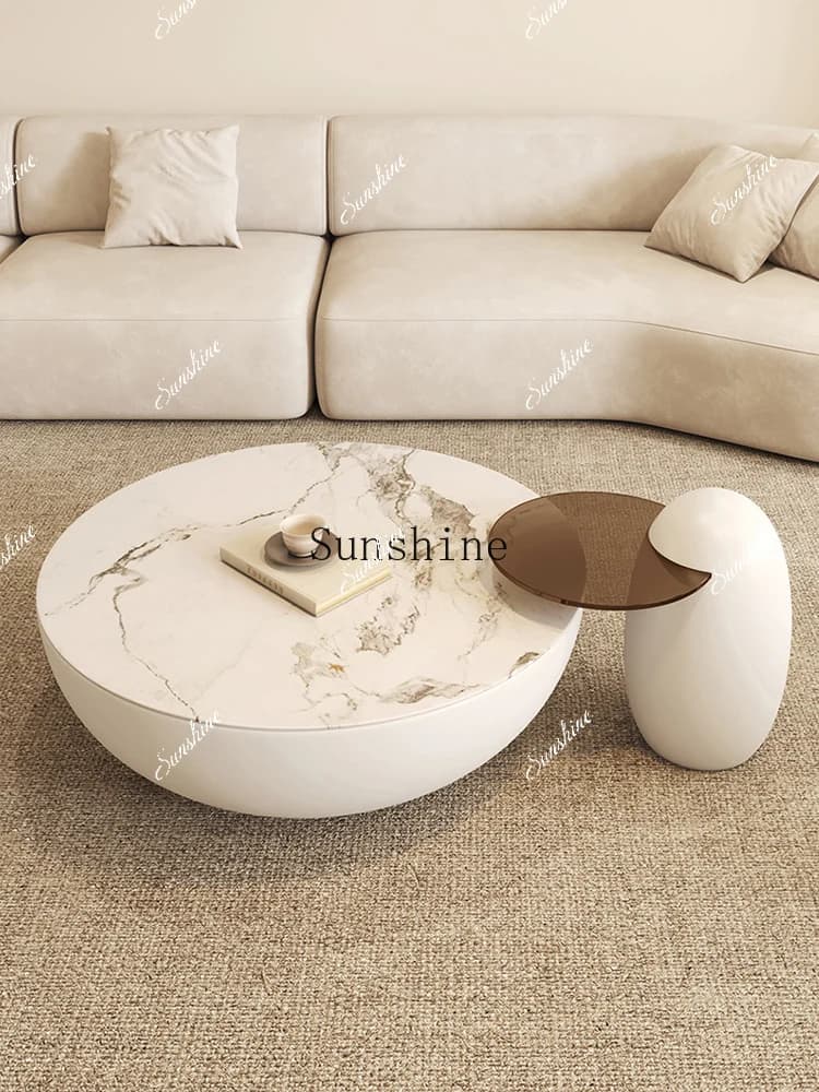 Rock slab coffee table combination round light luxury cream style home modern simple low table  FT