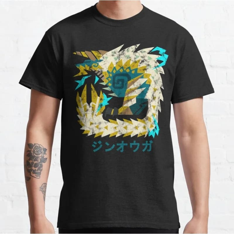 Monster Hunter World Iceborne Zinogre Kanji gift t shirt Cartoon Videogame MHW Graphic tee 100% cotton Y2K Clothes All size tops