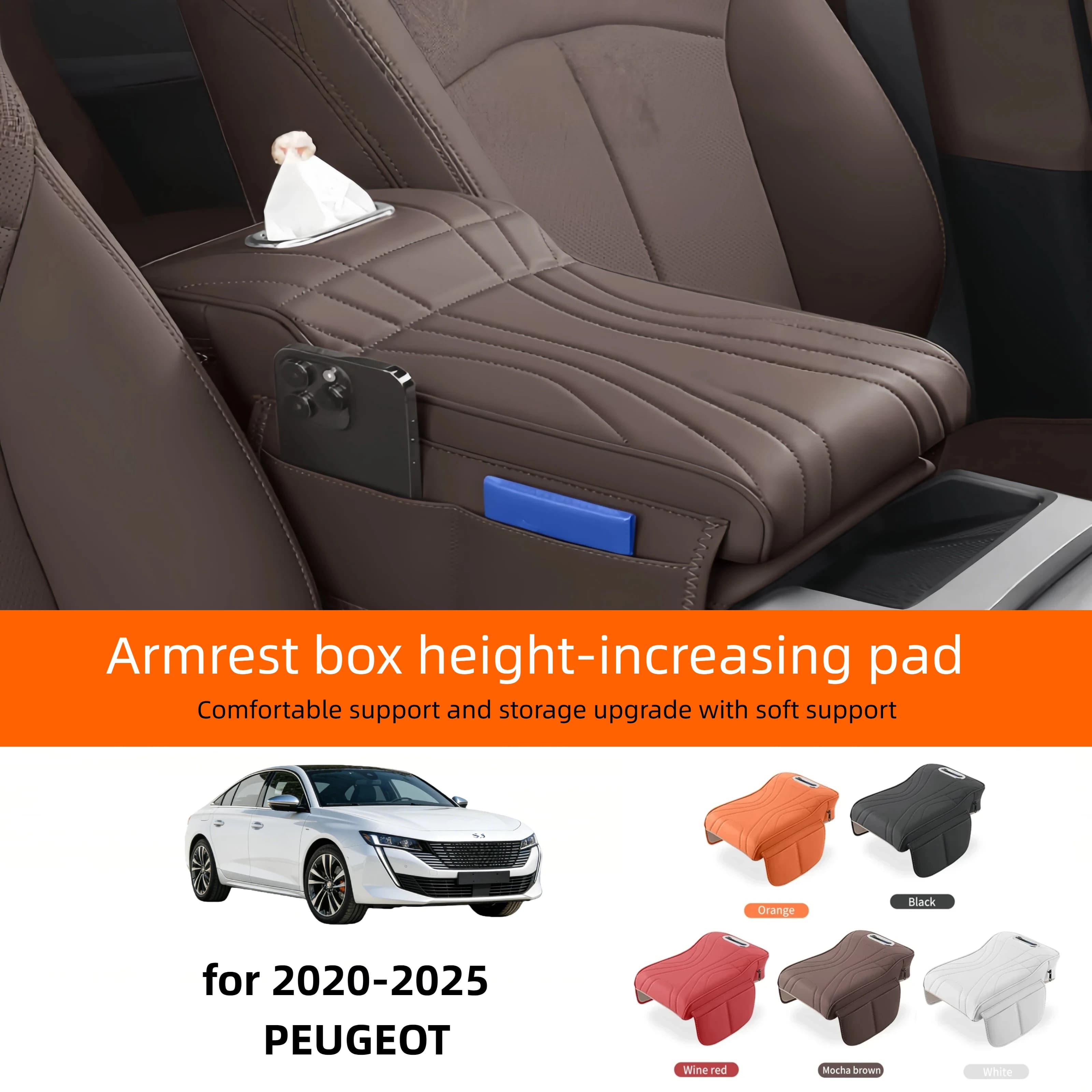 Car Central Armrest Cushion for 2020-2025 Peugeot 408/508/5008/4008 Thickened Heightened Protective Cover with Tissue Storage