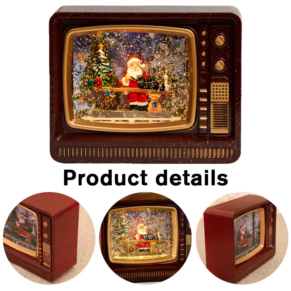 Christmas Music Box Vintage TV Atmosphere LED Lights - Snowfall Display Ambient Lighting Desktop Decor, Ornament Christmas Gift