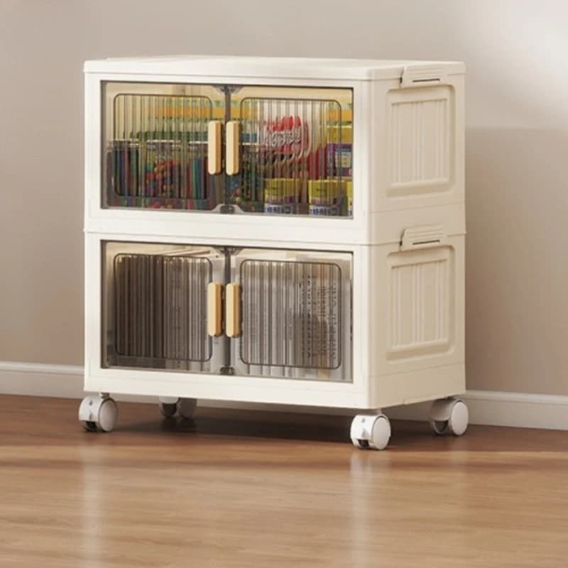 Modern white plastic wardrobe with transparent door, multi-layer storage space with wheels