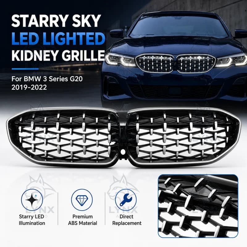 For BMW 3 Series G20 2019-2022 Semi Silver Starry Sky LED Lighted Kidney Front Grille Black Frame Silver Dots Replacement