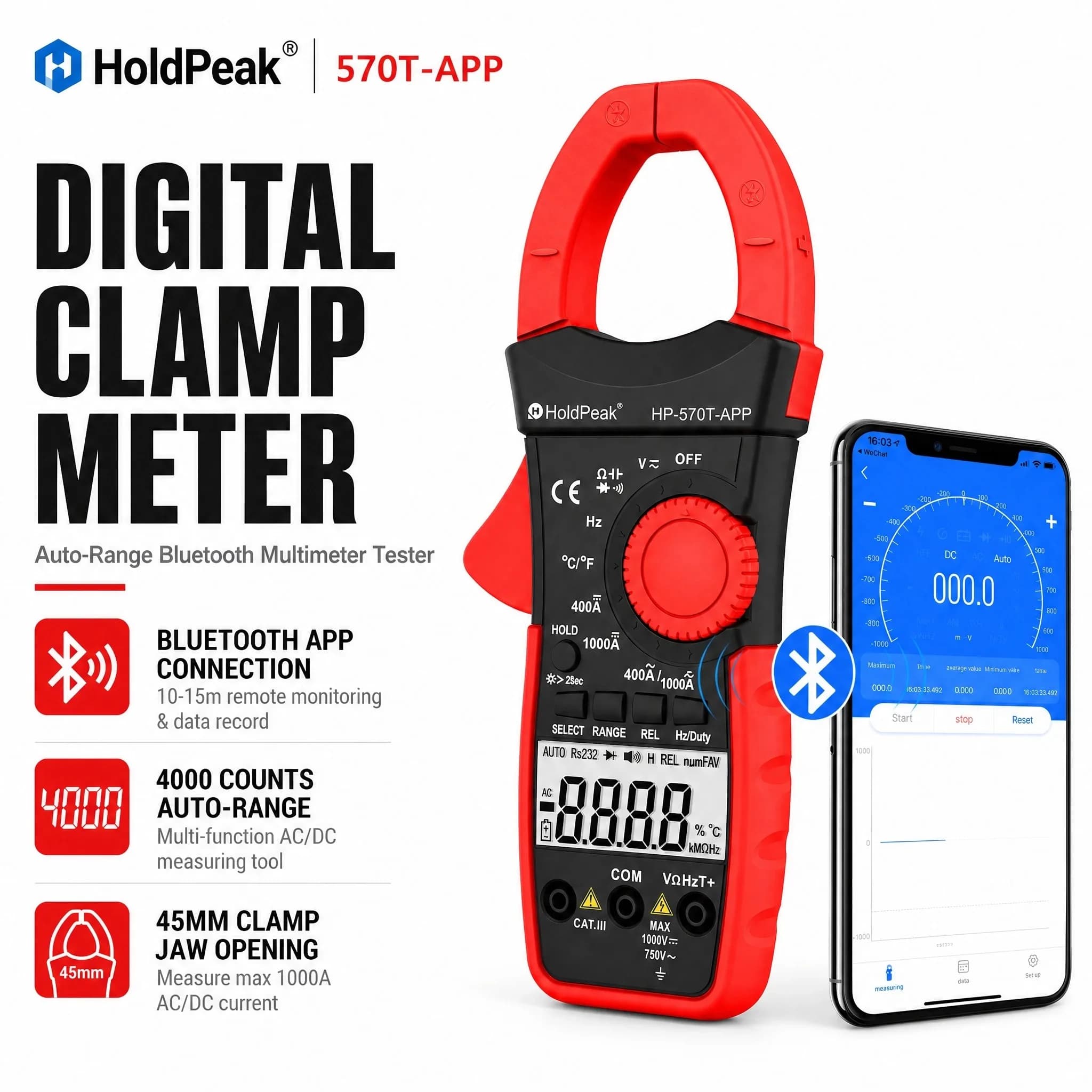 Smart Clamp Multimeter 4000 Counts AC/DC V/A Resistance/Cap/Freq/Temp Bluetooth APP 45mm Jaw CAT II 1000V for Electrician/HVAC