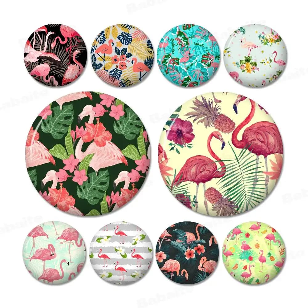 Flamingo Tropical Leaf Photo Brooches Creative Round Badge Gifts Pins 32/44/58mm