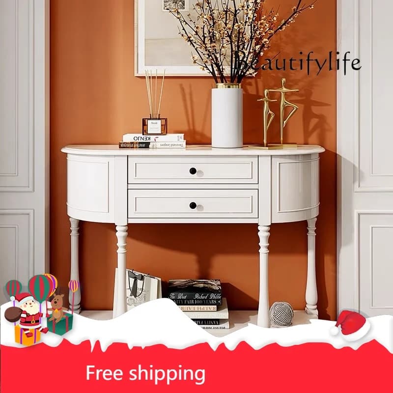 XR American Porch Table Full Solid Wood Cabinet European Style With Drawer Entry Door White Cream Wind Semicircular Living Room