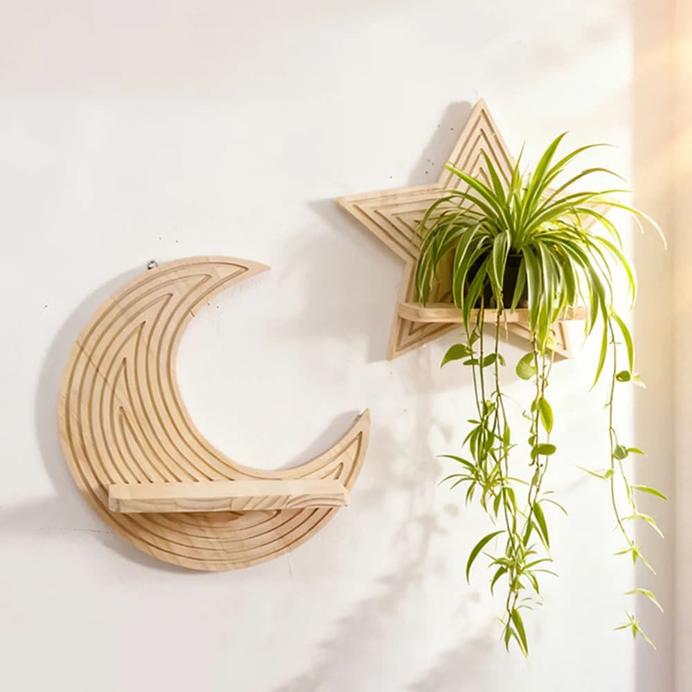 Bohemian Moon Star Pine Wood Wall Planter Shelf, Creative Wooden Wall Mount Flower Pot Holder, Home Decor Wooden Craft Ornament