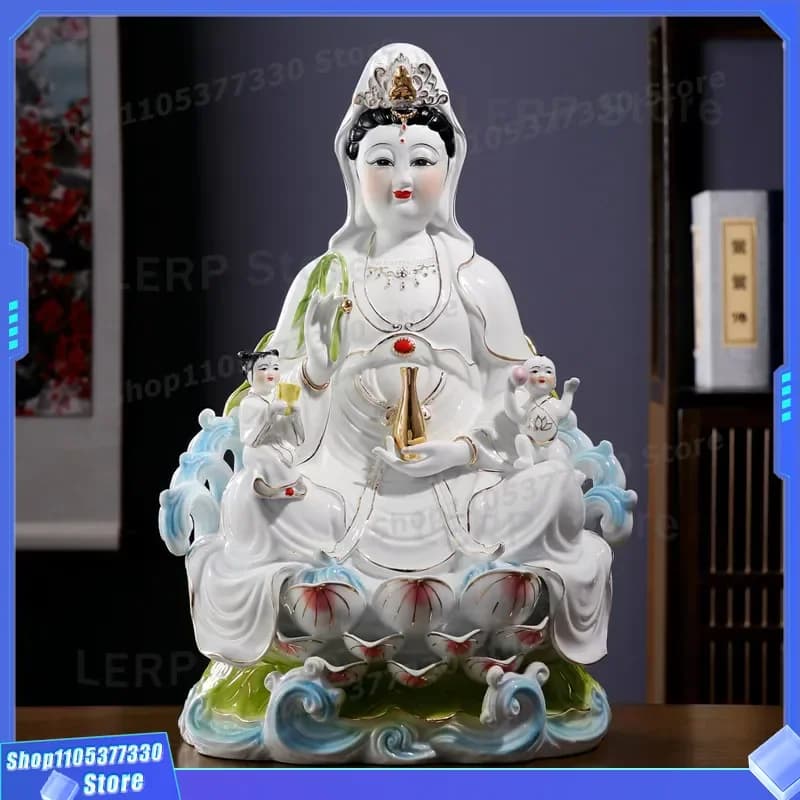 White Jade Guanyin Buddha Statue Ceramic Bodhisattva Ornament for Home Offering Decor Send Son Goddess Figure Wholesale Gift