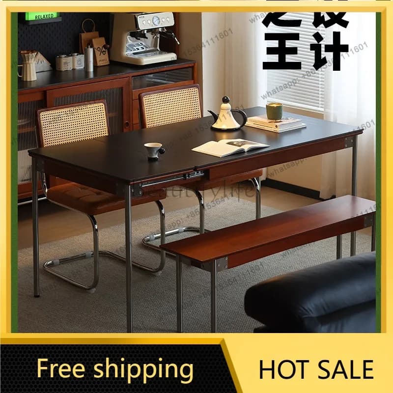 YJ Nordic Japanese retractable rock slab dining table solid wood foldable small apartment dining table and chair combination