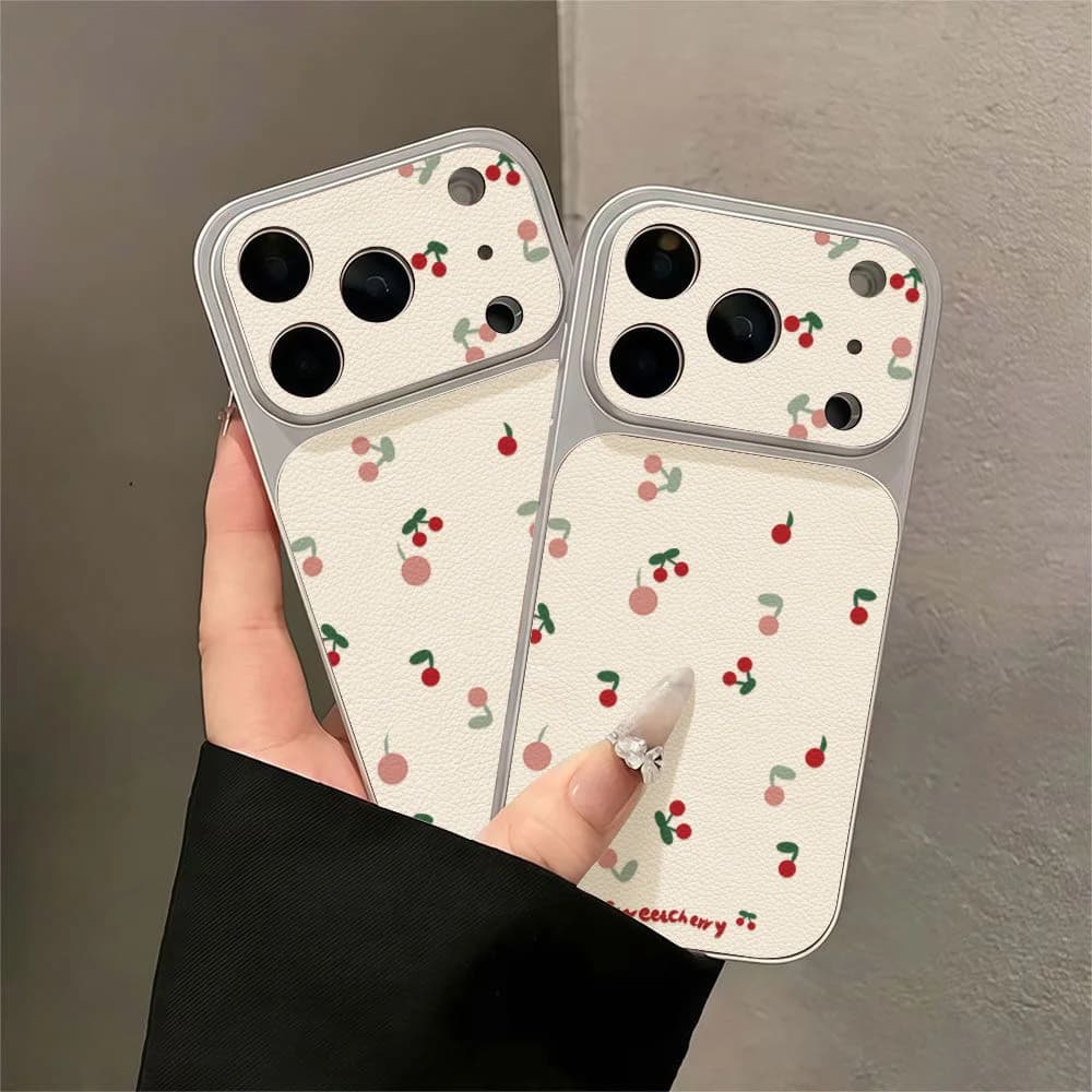 Cute Cherry Print Leather‑Texture Phone Case for Apple iPhone 18 Pro Max 17 15 16 13 14 12 Pro Max 11 Cases Camera Window Design