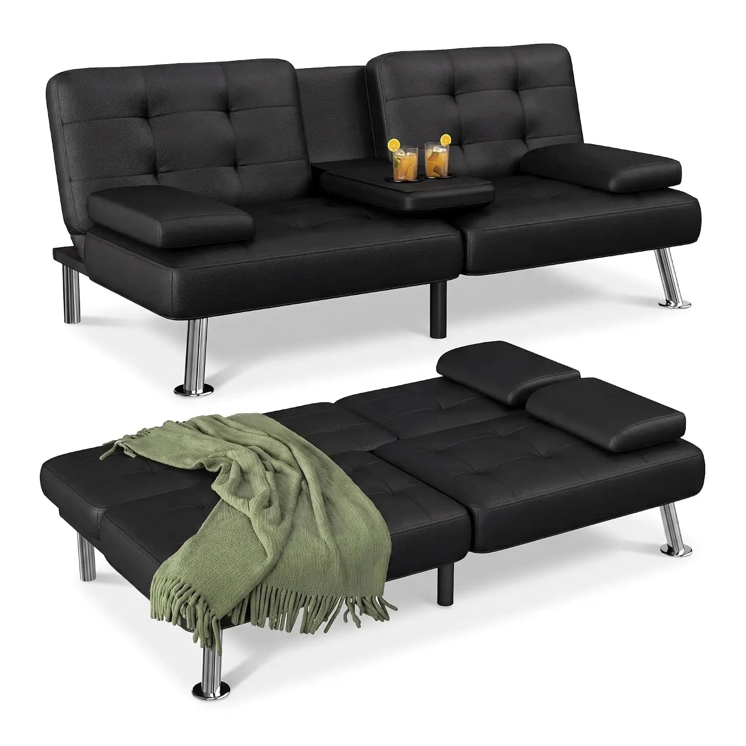 Futon Sofa Bed, Black Faux Leather Convertible Loveseat Couch | Modern Adjustable Folding Futon Set with 2 Cup, Customized