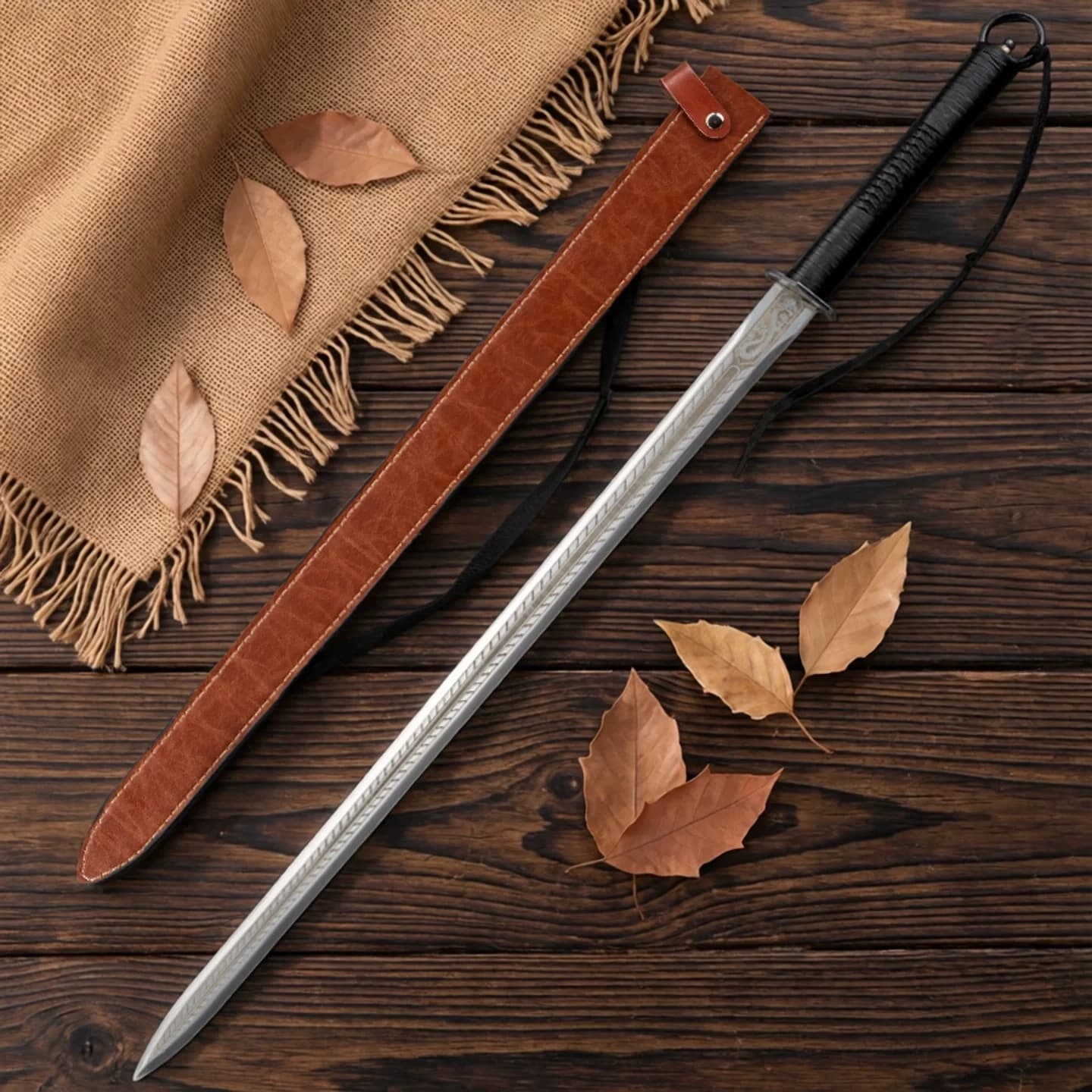 Ring Pommel Raw Steel Engraved Chinese Straight Sword Manganese Steel Long Groove Etched Blade Brown Leather Scabbard