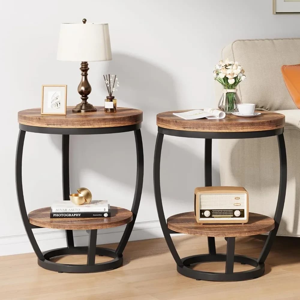 Round End Table Set of 2, 2 Tier Industrial Side Table, Nightstand with Metal Frame, Accent Bedside Table with Storage Shelves