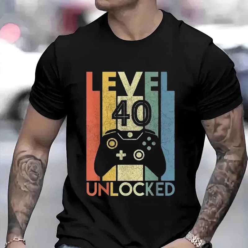 Level 40 Unlocked Funny Video Gamer Pattern Men's Women's T-Shirts 40th Anniversary Gift Funny Party Pattern Couple's T-Shirts