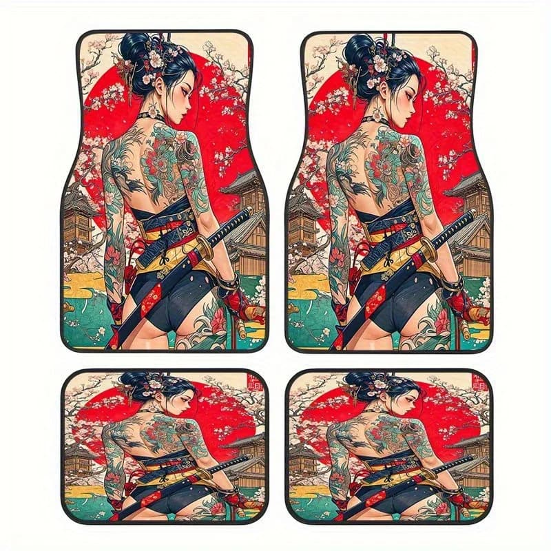 4Pcs Japanese Geisha & Samurai Cherry Blossom Car Mats, Crystal Velvet, Universal for Sedan Van SUV, Stylish Gift Men & Women