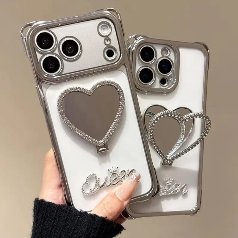 Rhinestone Heart Makeup Mirror Stand Phone Case for 17 Pro Max Wrist Chain Plating Corner Protective Cover for iPhone 16 15 14