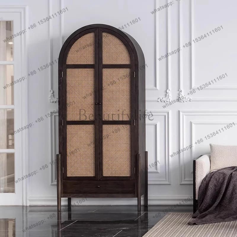 French retro arched solid wood rattan bookcase, simple wabi-sabi wind storage locker