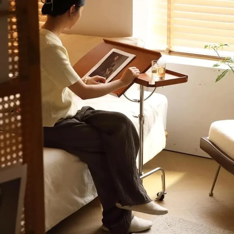 Mid-Century Modern Adjustable Rolling Sofa Side Table Bedside Serving Cart with Folding Sheet Music Stand Desk