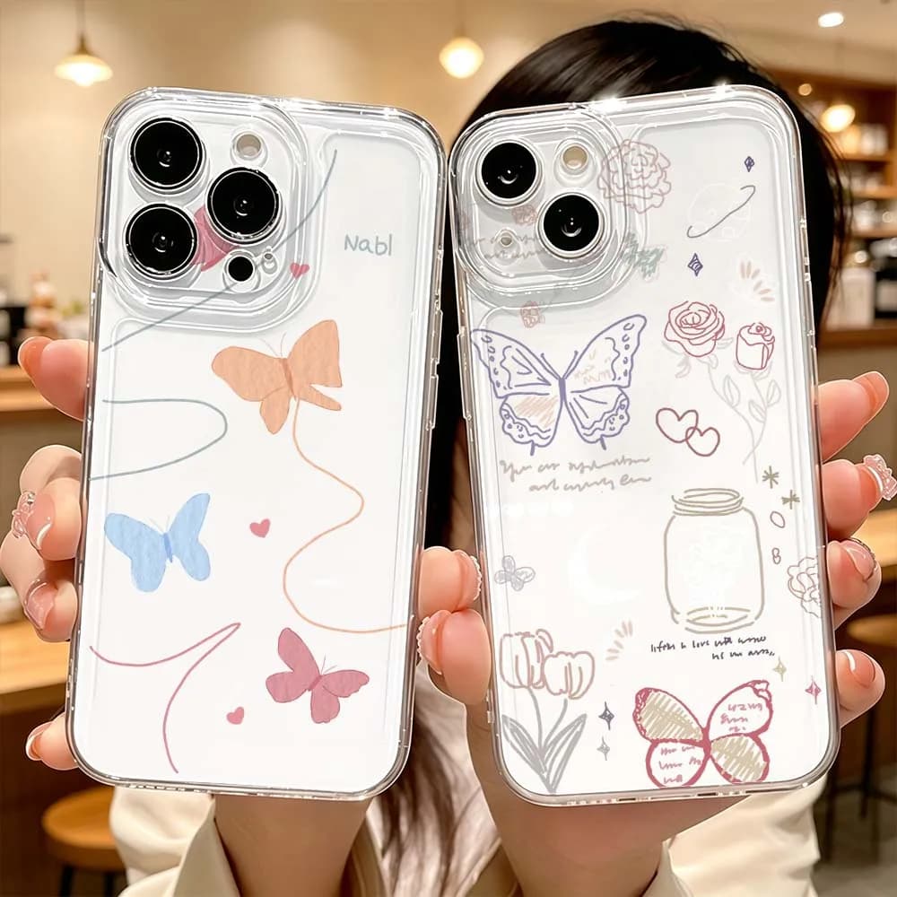 Butterfly Floral Sketch Phone Case For Apple iPhone 17 Air 16 15 14 13 12 11 Pro Plus Max Protective Transparent Cover