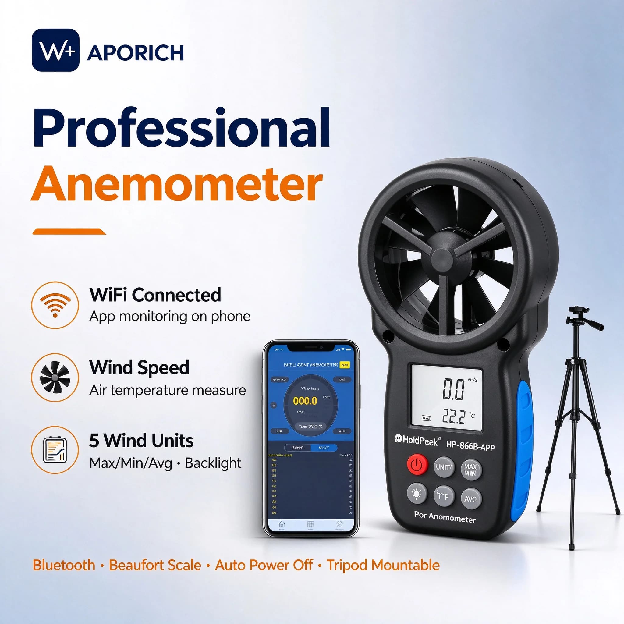 HOLDPEAK HP-866B WiFi Handheld Anemometer Wind Speed & Temperature Meter 5 Switchable Units Backlight Display