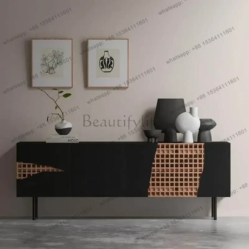 YJ TV Cabinet Solid Wood Wabi Wind Simple Black Sofa Back Cabinet Medieval Living Room Creative Storage Cabinet