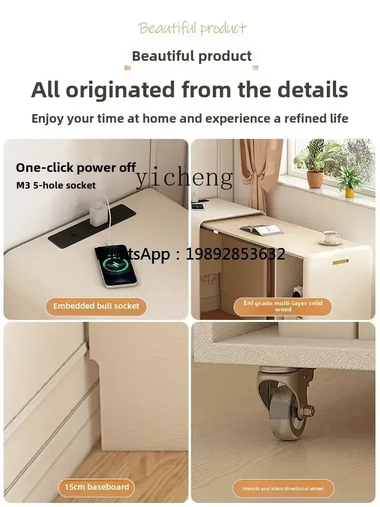 X-13 Cream Wind Pull Foldable Solid Wood Desk Bookcase Integrated Bedroom Bedside Invisible Retractable Computer Desk Locker