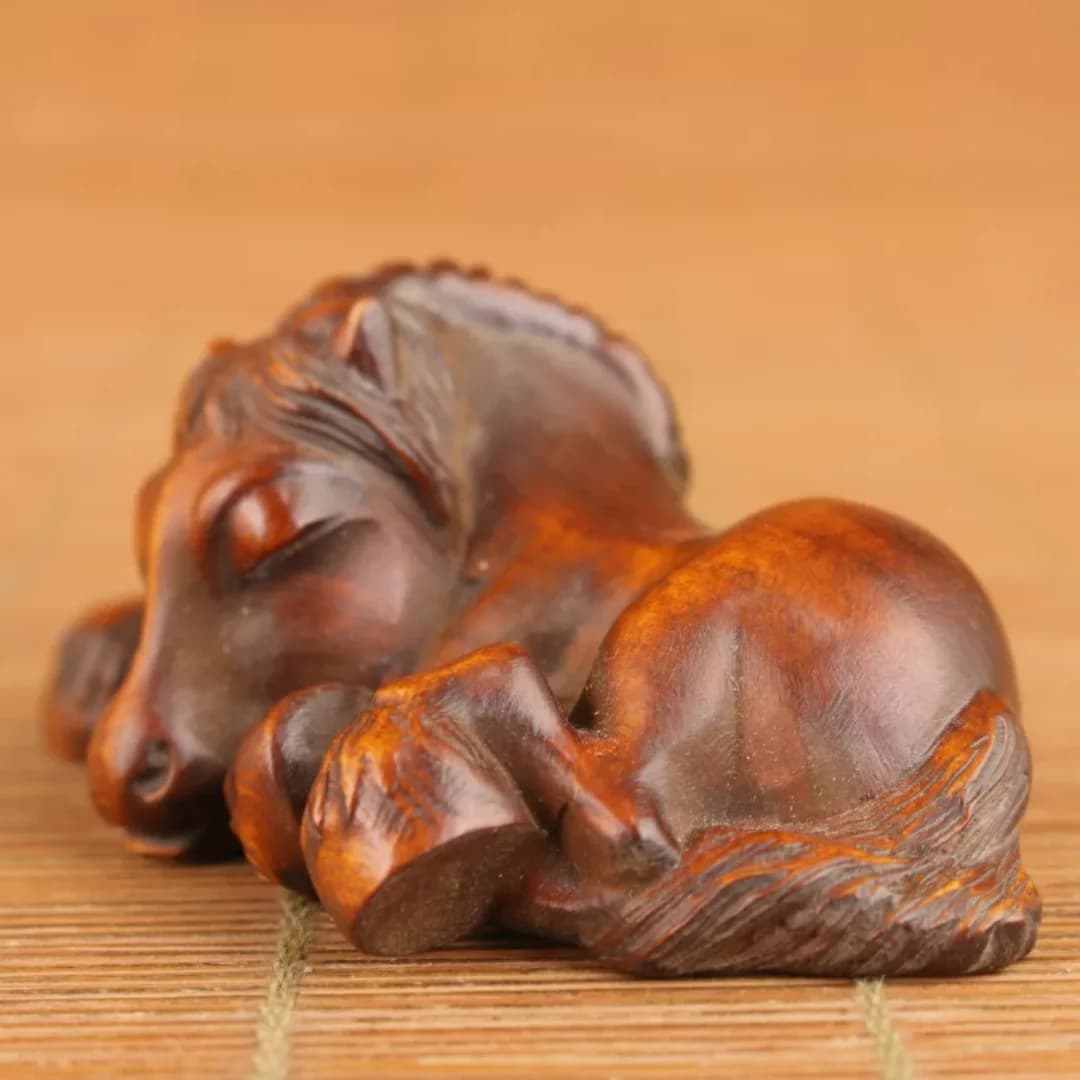 Japanese Old Boxwood Hand Carved Horse Statue Netsuke Memorabilia Figurines