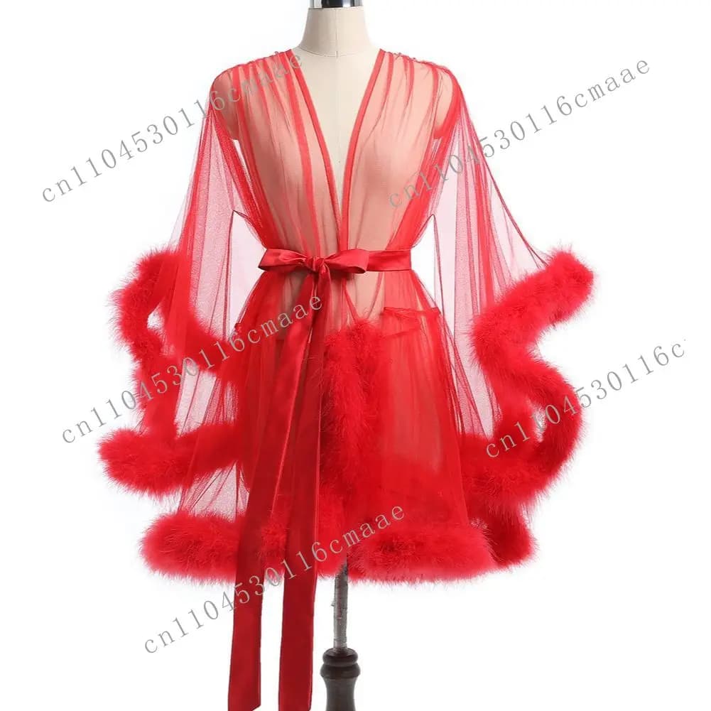New large size women's mesh sex nightgown perspective sexy temptation belt fluffy pajamas directly from the manufacturer