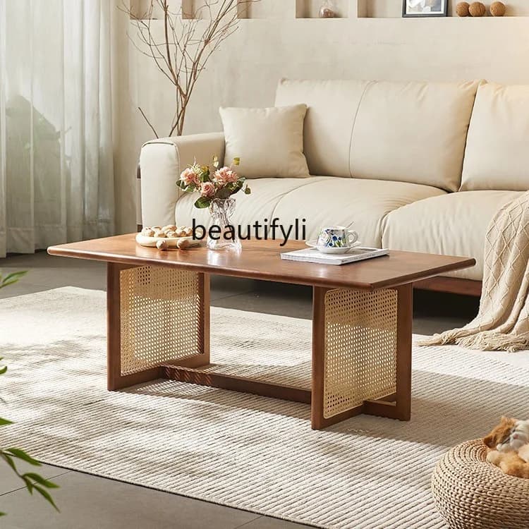 Solid Wood Tea Table Rectangular Household Small Tea Table Living Room Rattan White Wax Wood Homestay Vintage Low Table