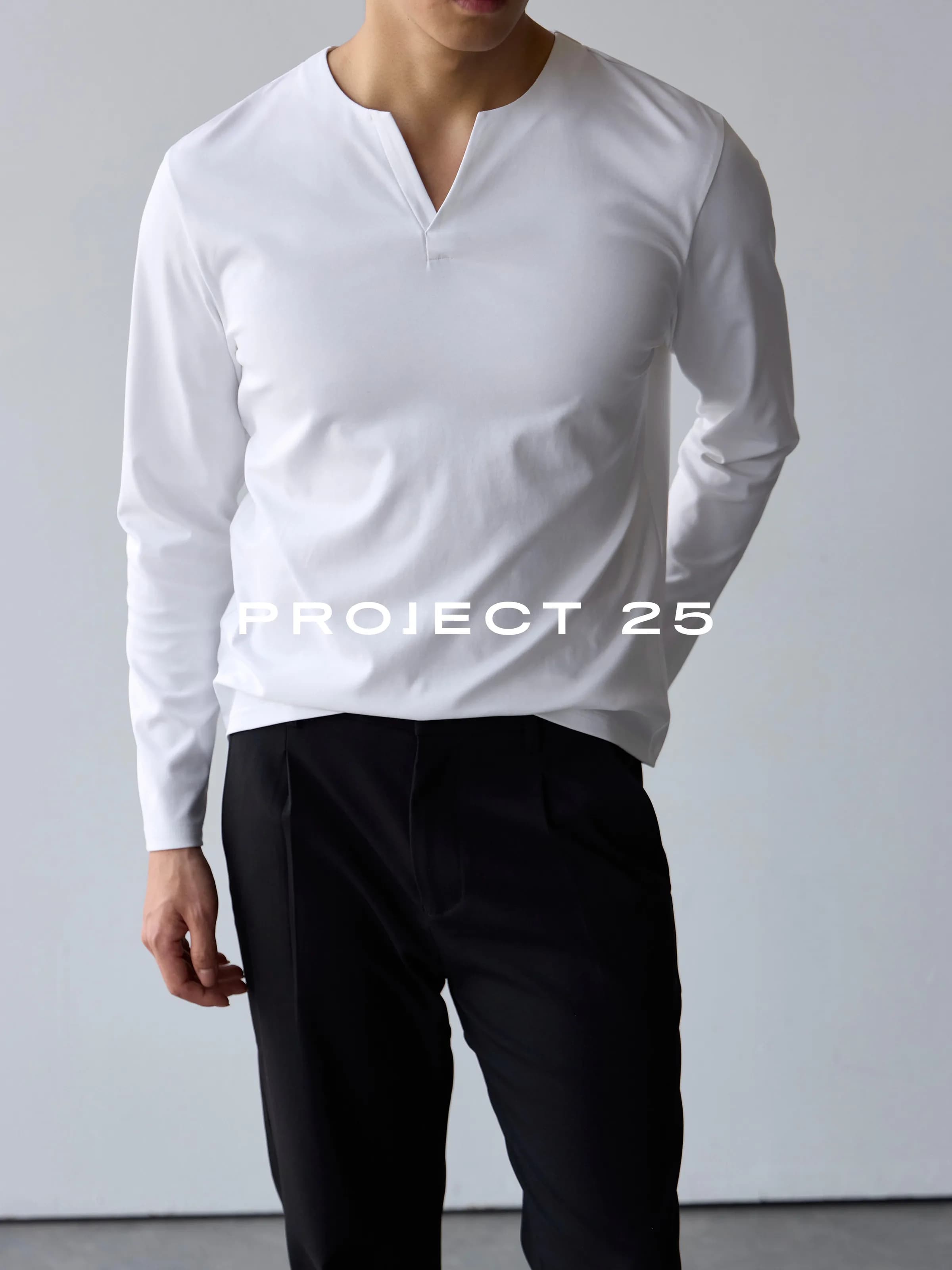 PROJECT 25 Men 80S Long Staple Cotton V‑Neck Long Sleeve Tee Soft Smooth Elastic Anti‑Wrinkle Fitted Casual Base T‑Shirt