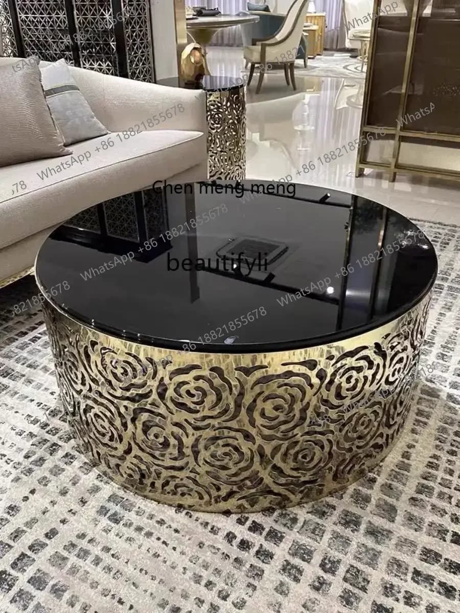 American light luxury stainless steel round coffee table designer hollow tempered glass tea table2936