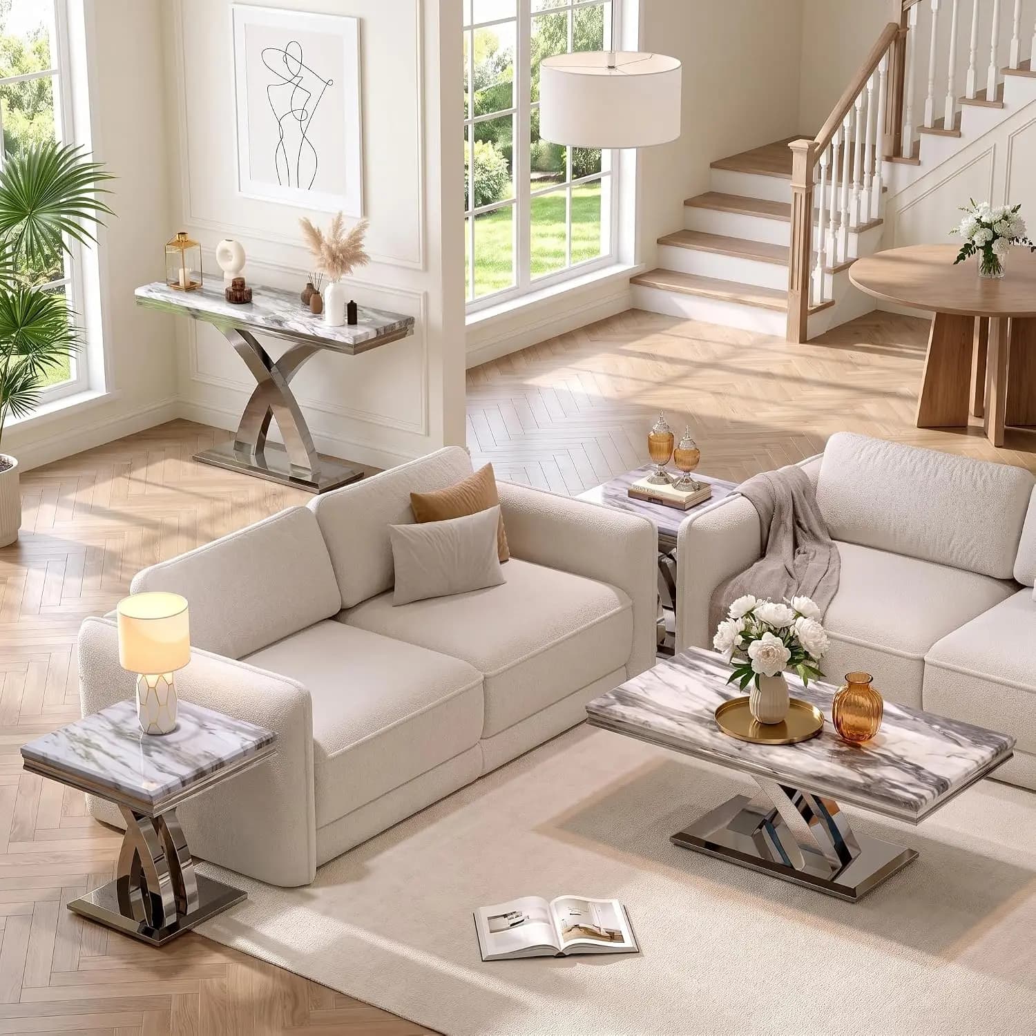 4 Pieces Silver Living Room Table Set, Modern Glam Coffee Table Set