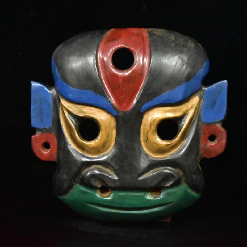 Vintage Hongshan Culture Meteorite Stone Color Painted Chinese Nuo Mask Antique Culture Decor Wall Hanging Ornament
