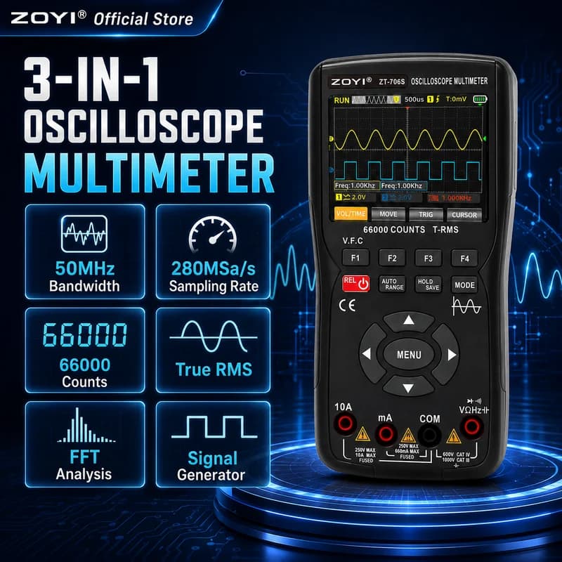 ZOYI ZT-706S Dual Channel Handheld Scope 50MHz 280MSa/s 66000 Counts Tester for Electronics Troubleshooting &3 IN 1 Multimeter