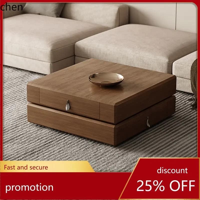 HT New Vintage Style Coffee Table for Living Room, Square Shape, High-End Modern Minimalist Retro Luxury