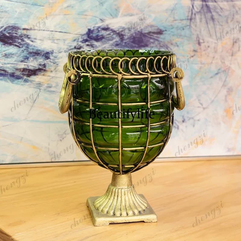 Creative European retro wrought iron blown glass vase antique countertop ornament vase decoration