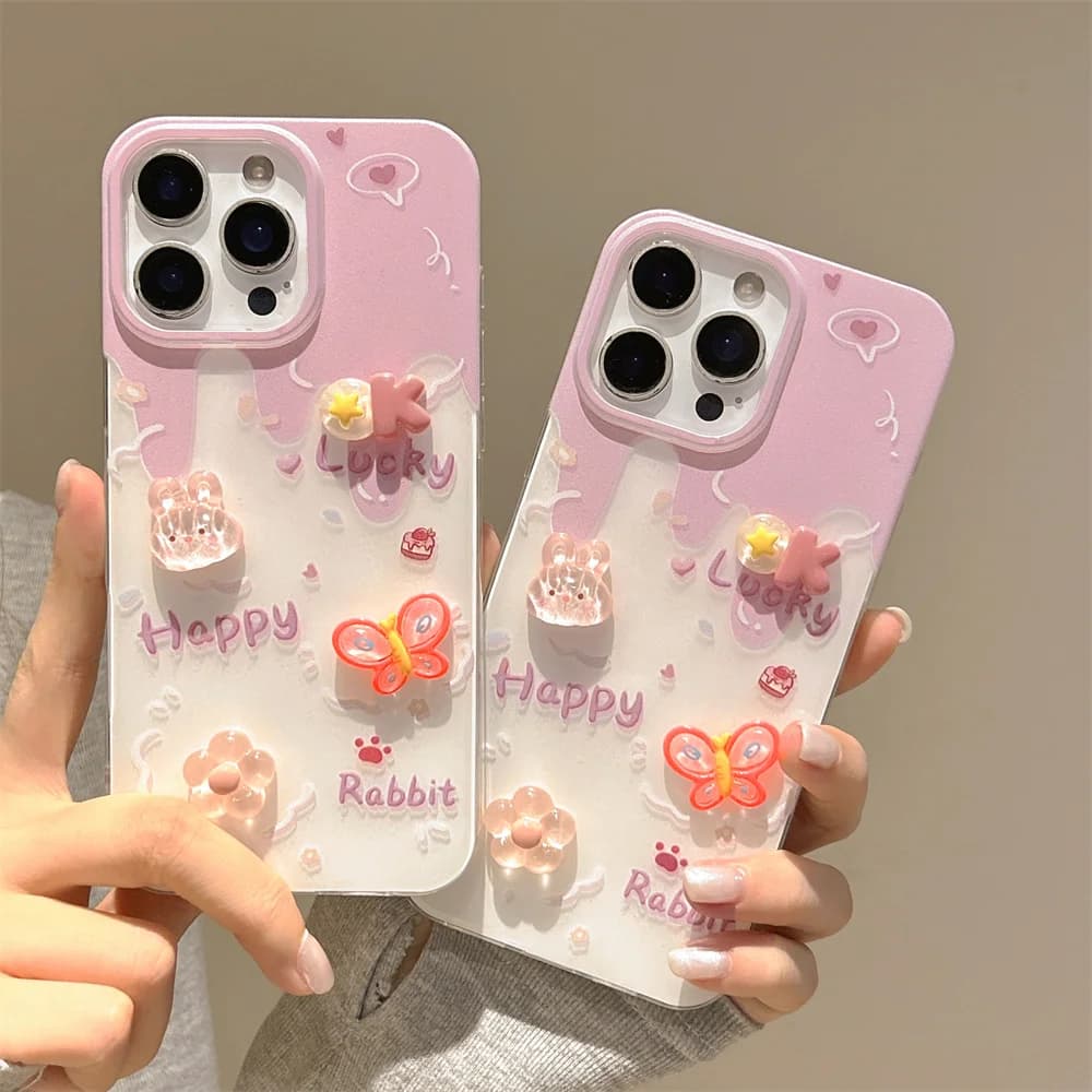 Kawaii Girly 3D Rabbit Butterfly Charm Phone Case for 17 Pro Max Cute Pink Cartoon Bunny Protection Cover for iPhone 16 15 14