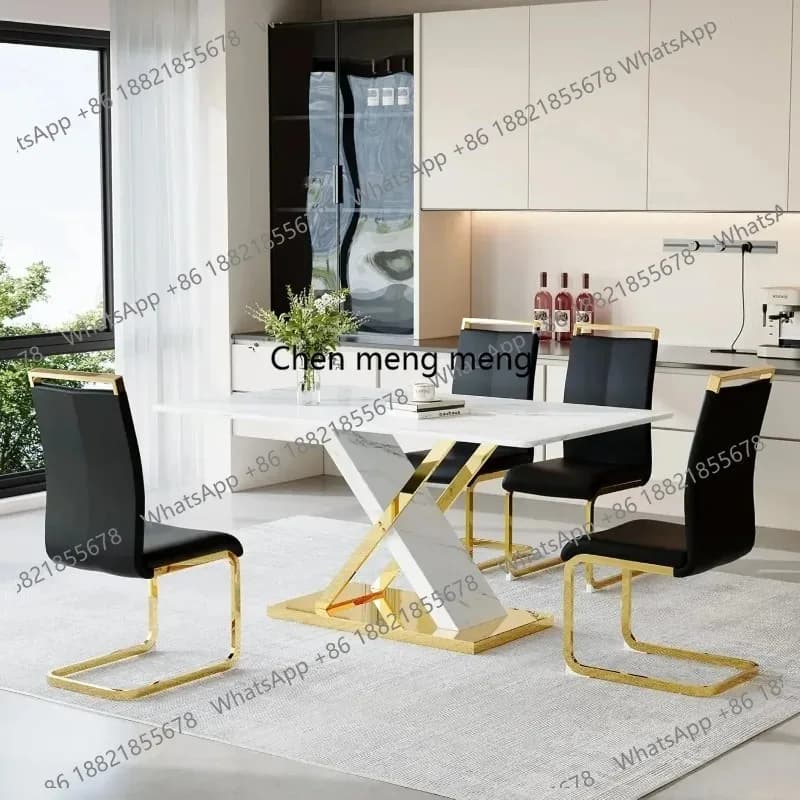K153  K153  Modern Marble Dining Table Set for 4,White Gold 63'' Dining Room Table with Chrome Plated X-Shaped Frame and White C