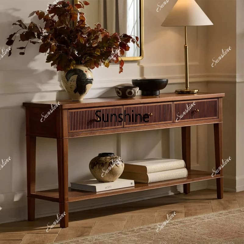 American retro solid wood porch cabinet, living room corridor decoration storage against the wall