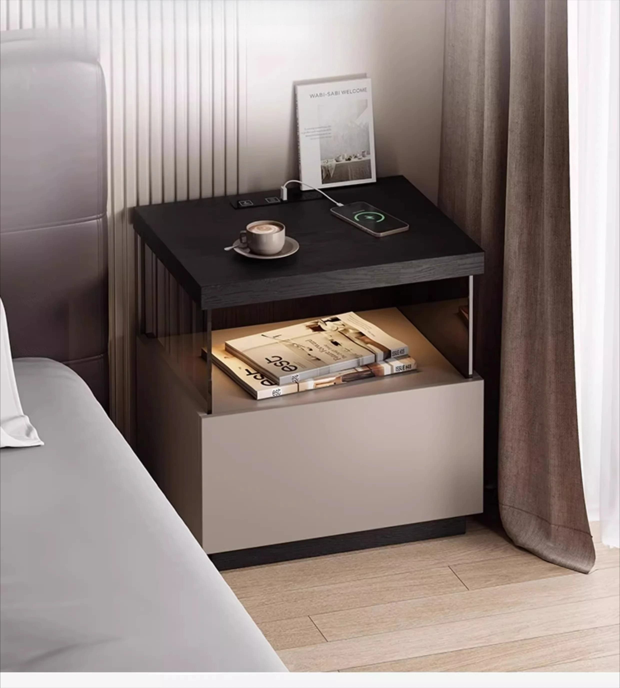 LTT Italian minimalist bedside table suspended solid wood with rechargeable storage cabinet Master bedroom storage cabinet