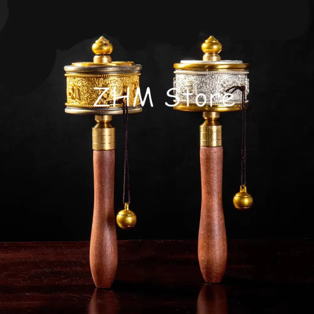19.5cm Gold/Silver Alloy Copper Tranic Buddhist Clear Six Words Scriptures Smooth Hand Cranking Prayer Wheel