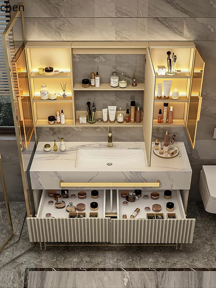 modern simple oak bathroom cabinet combination washstand floor ceramic rock slab seamless integrated basin